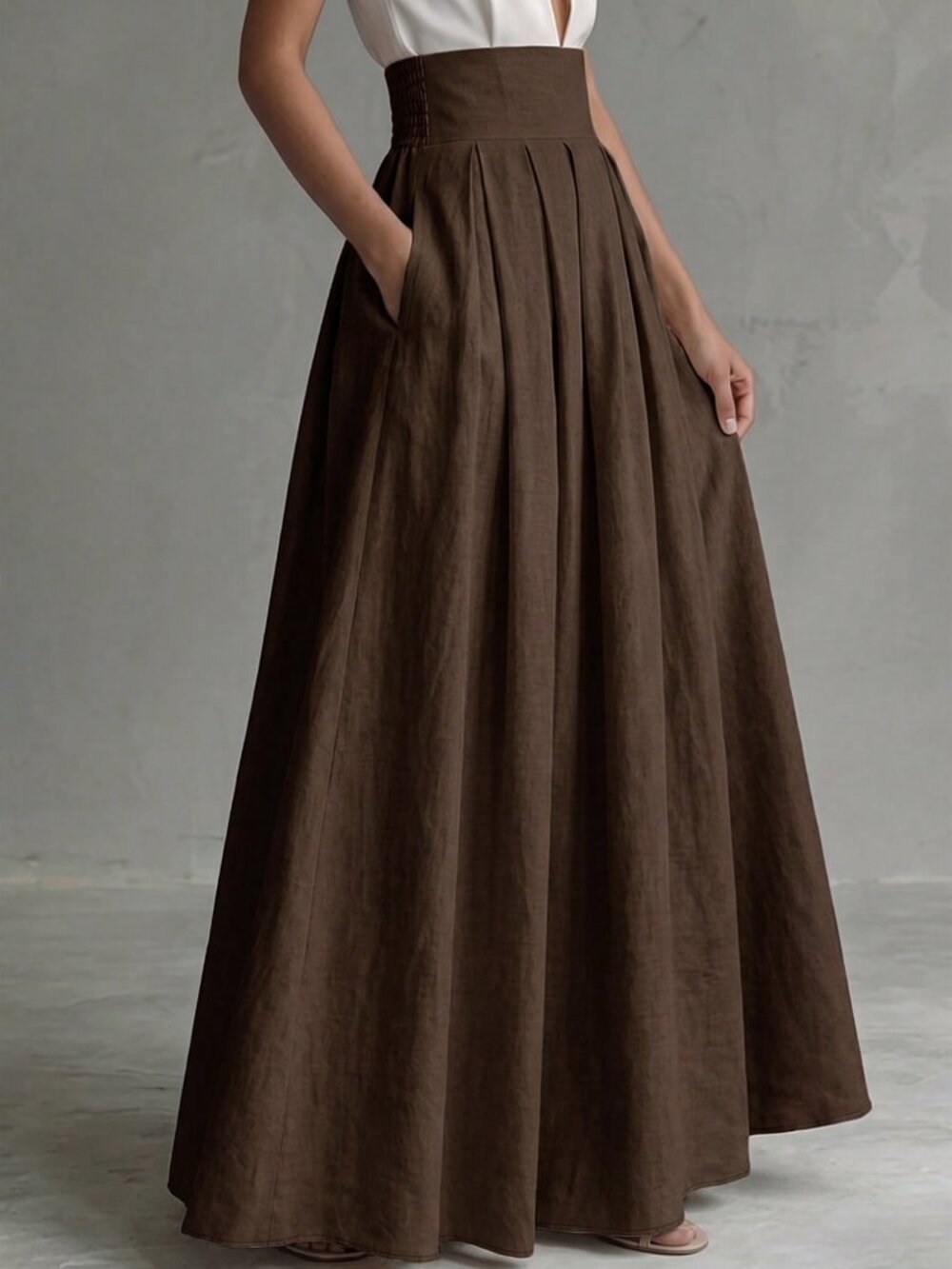 Brown Casual Women's Elegant Slimming Drape Pleated Long Skirt - Picture 6 of 6